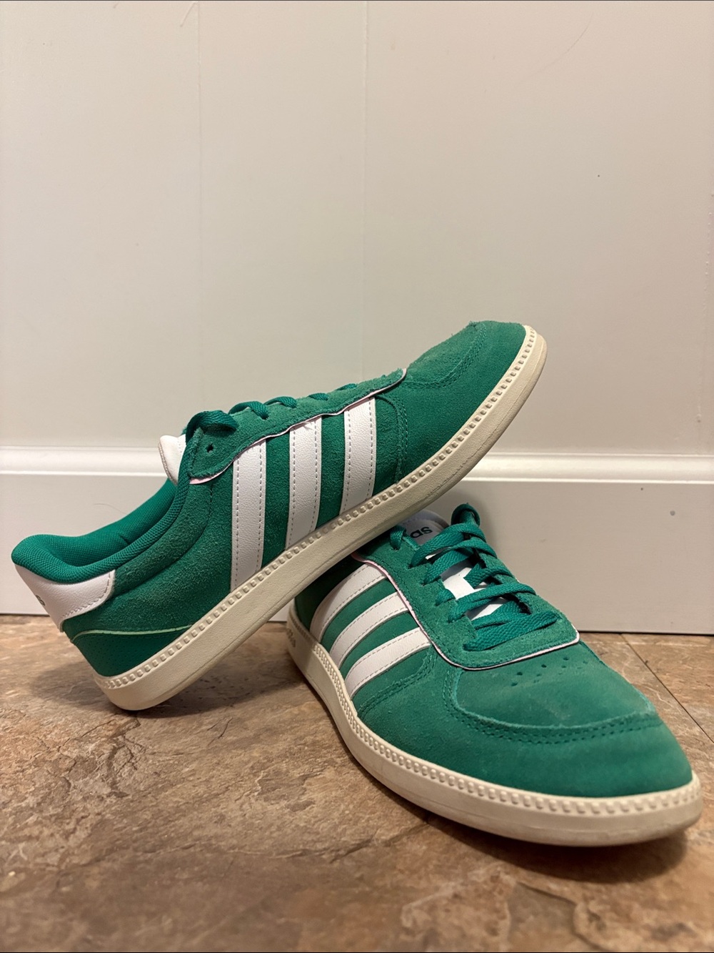 adidas Green Suede Sneakers with White Stripes & Pink Accents